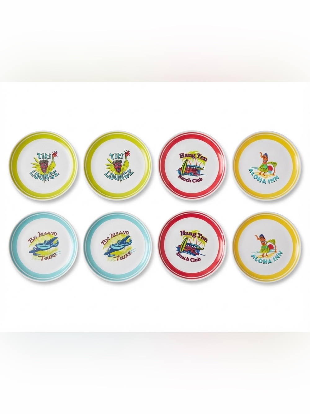 Vintage Lot of 8 Melamine Plates Hawaii Aloha Tiki Beach Hang 10